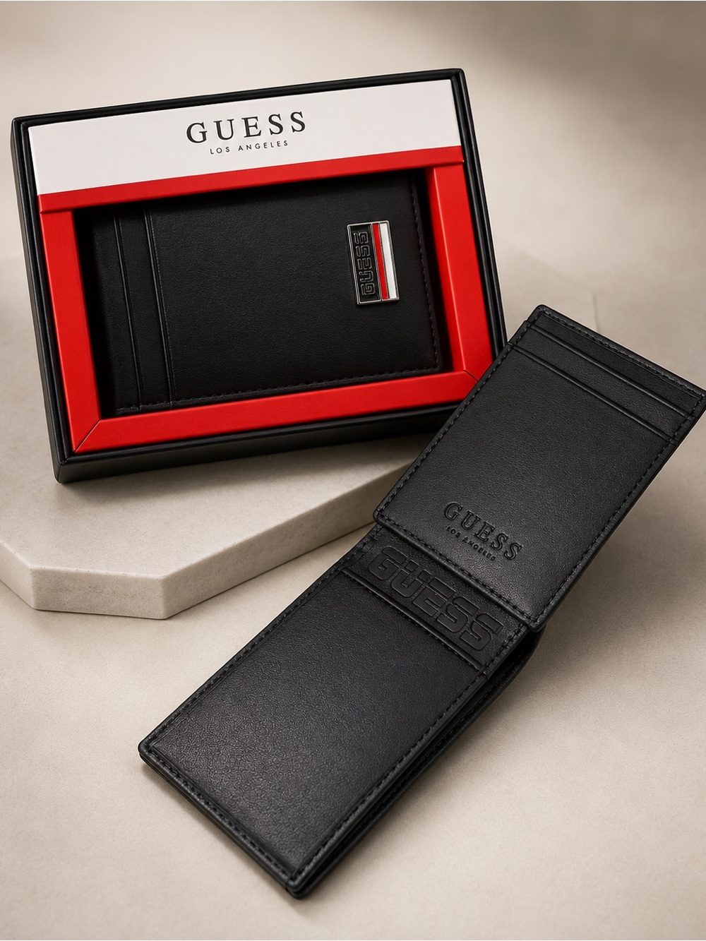 GUESS Black Leather Money Clip Wallet with Red & White Accent